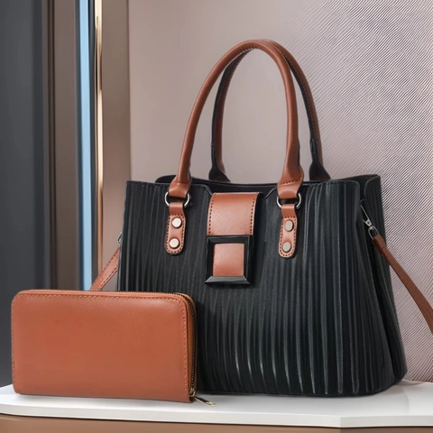 Fashion Women Shoulder Bag And Wallet PU Leather Vertical Texture Contrast Color Tote For Daily Work