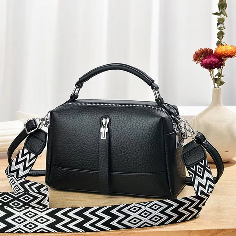 Women PU Leather Crossbody Bag Litchi Texture Wide Geometric Strap Large Capacity Multi Layer Shoulder Handbag