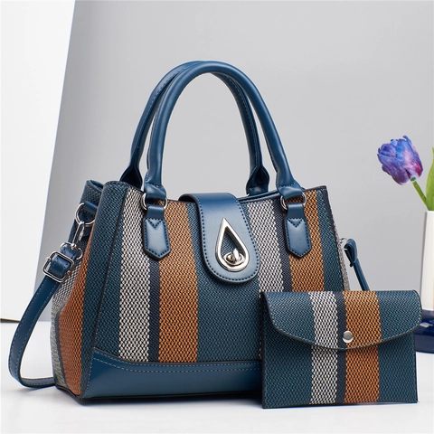 Damen Gestreifte Shopper Tasche Set Große Kapazität PU Leder Gewebte Handtasche Mit Abnehmbarem Schultergurt Retro