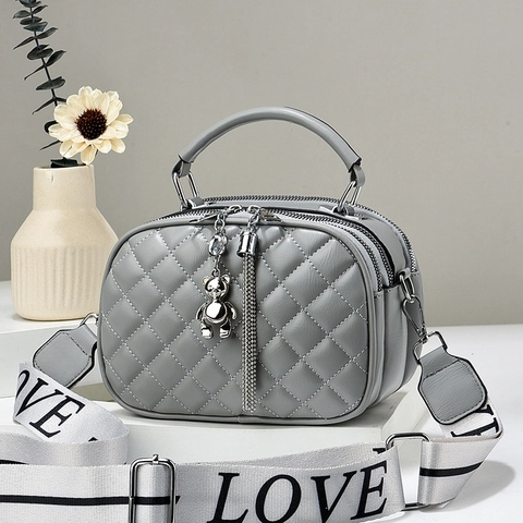 Women Quilted PU Leather Shoulder Bag Small Crossbody Purse With Bear Pendant Tassel Love Letter Strap Zipper Oval Handbag