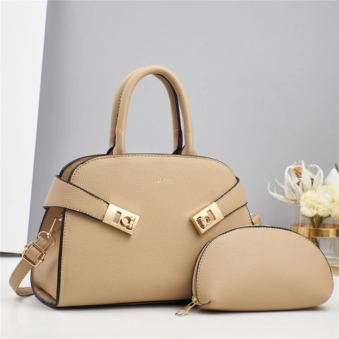 Elegant Women Handbag And Pouch Lychee Pattern PU Leather Top Handle Crossbody Purse Gold Hardware Retro Office