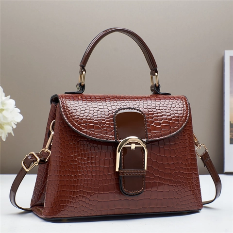 Women Handbag Crocodile Pattern PU Leather Vintage Top Handle Crossbody Bag Gold Buckle Retro Square Shape Fashion