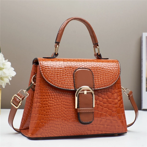 Women Handbag Crocodile Pattern PU Leather Vintage Top Handle Crossbody Bag Gold Buckle Retro Square Shape Fashion
