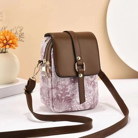 Retro Women Jacquard Fabric PU Leather Mobile Phone Bag Vintage Floral Pattern Crossbody Bag With Adjustable Shoulder Strap