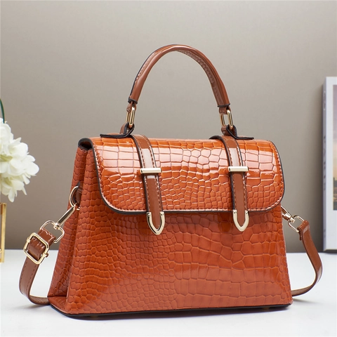 Women Handbag Crocodile Pattern PU Leather Shoulder Crossbody Bag With Top Handle Golden Hardware Commuter Elegant Square