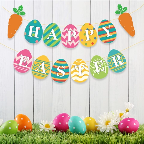 Happy Easter Banner Multicolor Egg Carrot Shape Cardstock Garland For Festival Party Indoor Wall Hanging Decoration