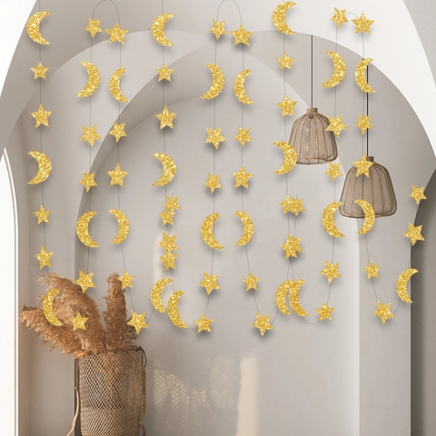 Star Moon Glitter Paper Garland Hanging Ornament Party Ramadan Eid Decoration Sparkling Banner Backdrop