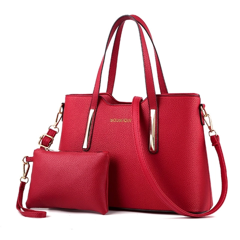 Ensemble Sac à Main Cabas et Pochette Élégant en Cuir PU Grain de Litchi Pour Femme Avec Décor en Métal Doré Sac à Bandoulière Pour Bureau Quotidien