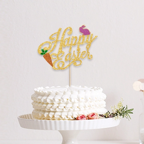 Glitter Happy Easter Cake Topper With Bunny And Carrot Paper Cake Decoration For Easter Party Birthday Cake Decor