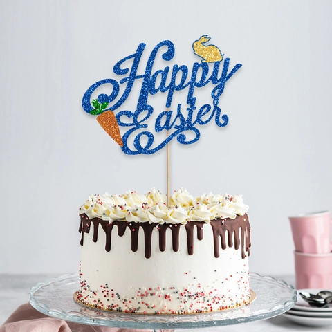 Glitter Happy Easter Cake Topper Rabbit Carrot Pattern Birthday Party Decoration Supplies For Kids Baby Celebration Spring