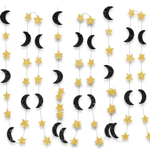 Star Moon Glitter Paper Garland Hanging Ornament Party Ramadan Eid Decoration Sparkling Banner Backdrop