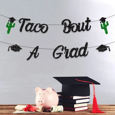 Bannière de Fête de Remise des Diplômes Taco Bout A Grad Papier Pailleté Thème Mexicain Cactus Toque Décoration