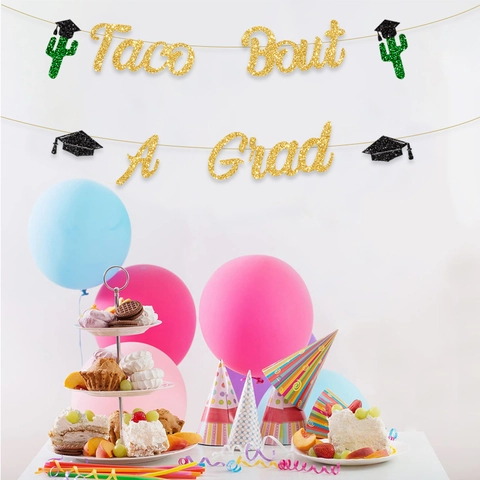 Bannière de Fête de Remise des Diplômes Taco Bout A Grad Papier Pailleté Thème Mexicain Cactus Toque Décoration