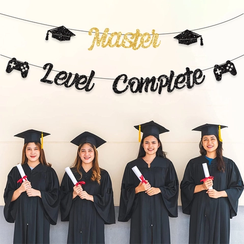 Bannière de Remise des Diplômes Level Complete à Paillettes Noir Or Master Bachelor PHD MBA College High School Guirlande Décoration de Fête