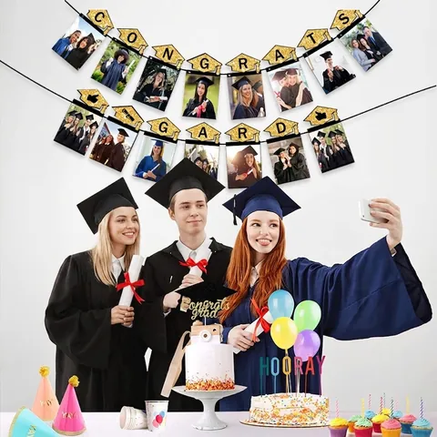 Congrats Grad Photo Banner Glitter Paper Graduation Party Decoration DIY Picture Garland With Clips Black Gold