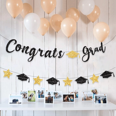 Glitter Congrats Grad Graduation Banner With Cap Star Paper Bunting For Graduation Party Decoration Classroom Wall Decor