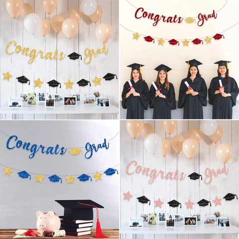 Glitter Congrats Grad Graduation Banner With Cap Star Paper Bunting For Graduation Party Decoration Classroom Wall Decor