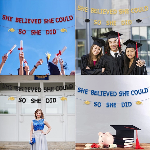 She Believed She Could So She Did Banner Glitter Carta Decorazione Per Festa Di Laurea Fondale Da Appendere Cappelli
