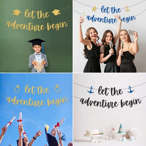 Let The Adventure Begin Banner Graduation Party Decorations Gold Blue Black Glitter Paper Doctoral Cap Anchor Ship Ring
