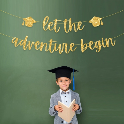 Let The Adventure Begin Banner Graduation Party Decorations Gold Blue Black Glitter Paper Doctoral Cap Anchor Ship Ring