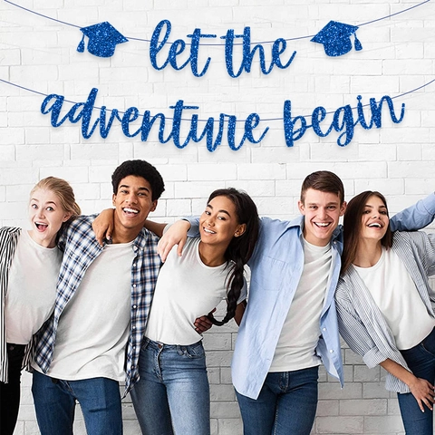 Let The Adventure Begin Glitzer Papier Banner Abschlussfeier Dekoration Doktorhut Anker Segelboot Ring Thema Hängegirlande