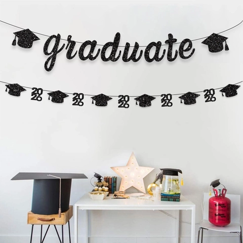 Glitter Paper Graduation Banner With Graduate Letters Doctoral Hat Pattern For Party Ceremony Background Wall Decorations