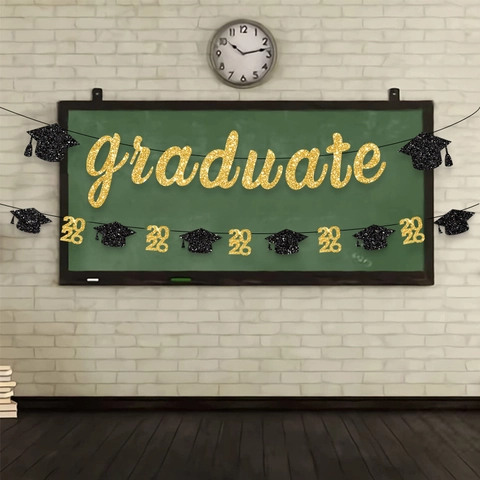 Glitter Paper Graduation Banner With Graduate Letters Doctoral Hat Pattern For Party Ceremony Background Wall Decorations