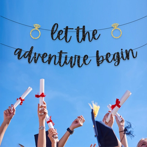 Let The Adventure Begin Glitzer Papier Banner Abschlussfeier Dekoration Doktorhut Anker Segelboot Ring Thema Hängegirlande