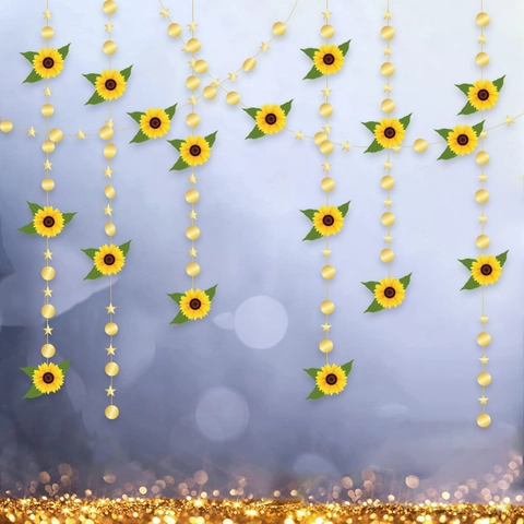 Sunflower Garland String With Gold Glitter Discs And Stars Paper Hanging Banner For Graduation Wedding Party Decor