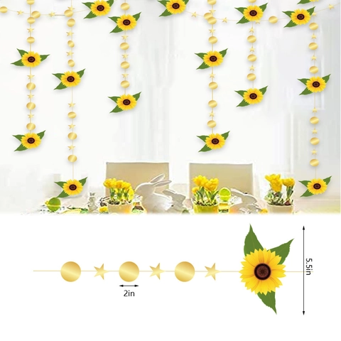 Sunflower Garland String With Gold Glitter Discs And Stars Paper Hanging Banner For Graduation Wedding Party Decor