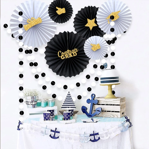 Decorazioni Per Feste Di Laurea Ventagli Di Carta E Ghirlanda Rotonda Per Cerimonia Scolastica Oro Nero Tema Decor