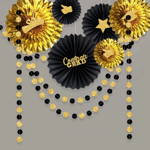 Decorazioni Per Feste Di Laurea Ventagli Di Carta E Ghirlanda Rotonda Per Cerimonia Scolastica Oro Nero Tema Decor