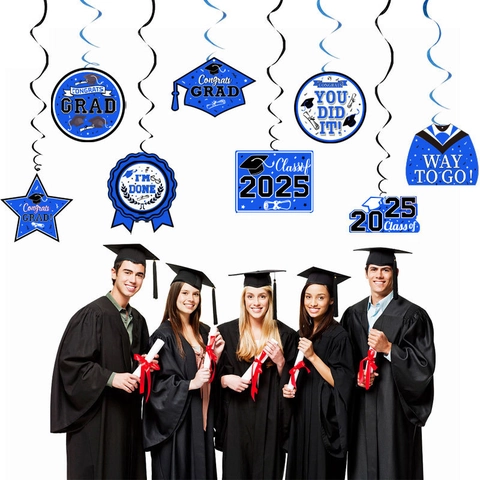Decoraciones De Graduación Espirales Colgantes Azul Negro Papel Felicidades Graduado Clase De 2025 Adornos