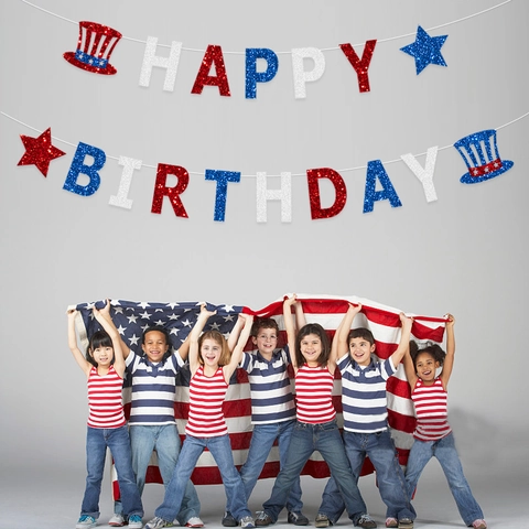 US Independence Day Happy Birthday Banner Glitter Paper Red White Blue Star Garland Patriotic Party Background Decor For Home Celebration