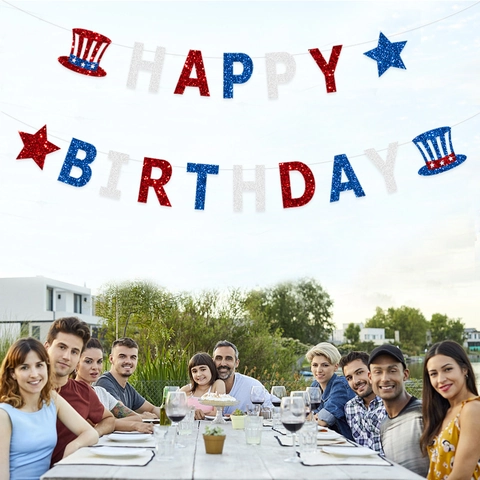 Set di Banner Buon Compleanno Patriottico Rosso Bianco Blu Ghirlanda di Stelle in Carta Glitterata per Decorazione Festa Indipendenza USA