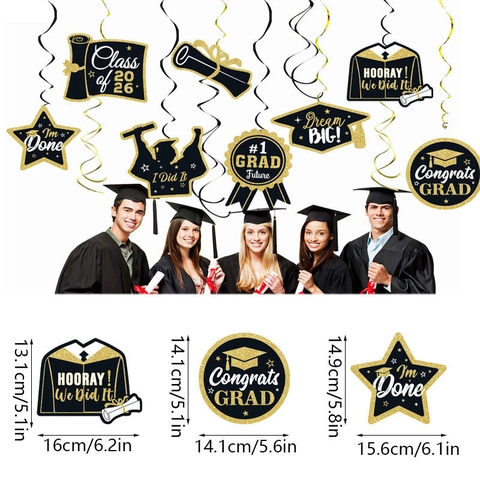 Graduation Party Decorations Black Gold Hanging Swirls With Mortarboard Diploma Stars Class Of 2026 Ceiling Ornaments