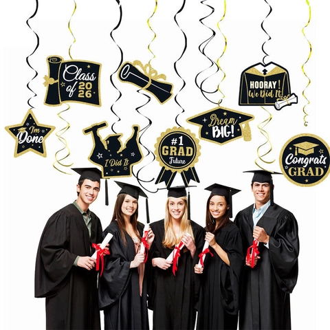 Graduation Party Decorations Black Gold Hanging Swirls With Mortarboard Diploma Stars Class Of 2026 Ceiling Ornaments