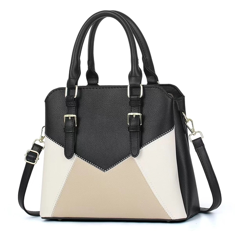 Contrast Color Patchwork Bucket Bag For Women Retro PU Leather Large Capacity Handbag Versatile Shoulder Crossbody Bag With Handle