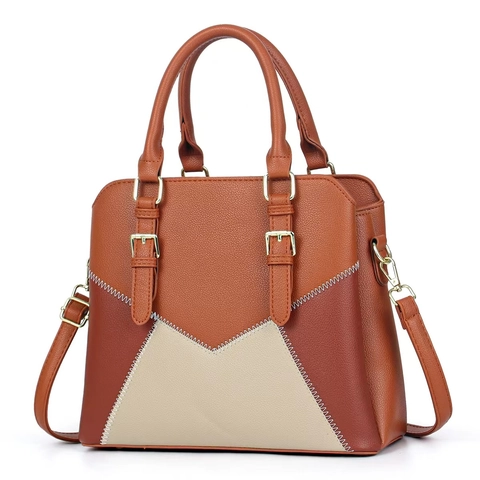 Contrast Color Patchwork Bucket Bag For Women Retro PU Leather Large Capacity Handbag Versatile Shoulder Crossbody Bag With Handle