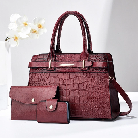 Vintage Damen Handtasche Mit Krokodilprägung Clutch Und Kartenhalter-Set PU-Leder Schultertasche Mit Großer Kapazität Für Business