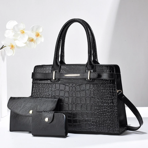 Vintage Damen Handtasche Mit Krokodilprägung Clutch Und Kartenhalter-Set PU-Leder Schultertasche Mit Großer Kapazität Für Business