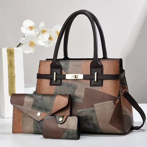 Women Handbags PU Leather Geometric Patchwork Large Capacity Tote Shoulder Bag Clutch And Purse Fashion Commute