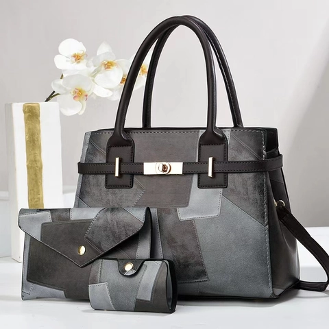 Women Handbags PU Leather Geometric Patchwork Large Capacity Tote Shoulder Bag Clutch And Purse Fashion Commute