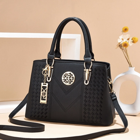 Damen Handtasche PU Leder Lychee Muster Große Kapazität Tote Schulter Umhängetasche Elegant V-Nähte Gold Beschläge