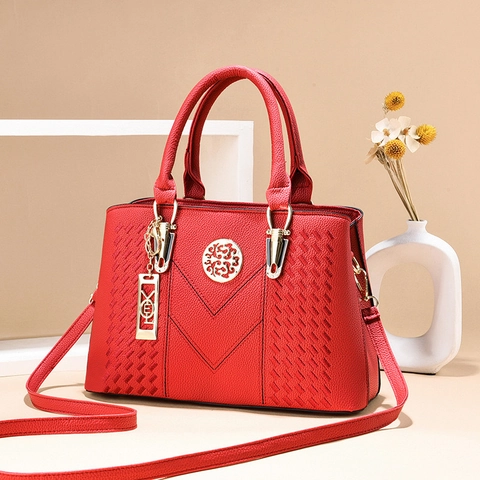 Damen Handtasche PU Leder Lychee Muster Große Kapazität Tote Schulter Umhängetasche Elegant V-Nähte Gold Beschläge