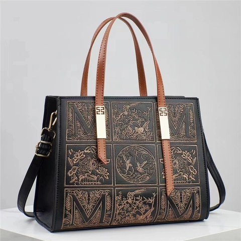 Sac à Main en Similicuir PU à Broderie de Style Chinois pour Femmes Vintage Floral Lettre M Tote Bag avec Bandoulière Amovible