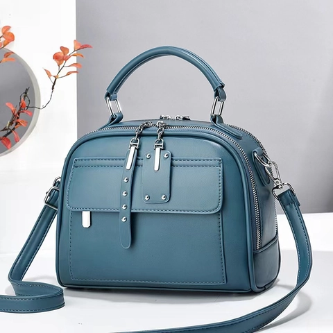 Bolso de Hombro de Cuero PU de Moda para Mujer Color Sólido Decoración de Remaches Doble Cremallera Estilo Coreano Bolso de Mano para Viaje Diario