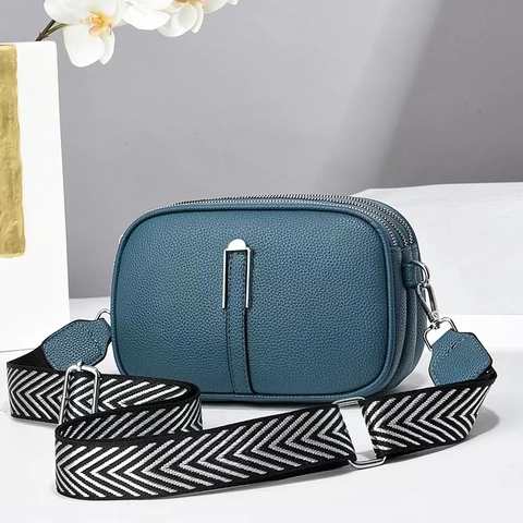 Women Crossbody Bag Triple Zip PU Leather Litchi Texture Wide Woven Strap Small Shoulder Bag Trendy Casual