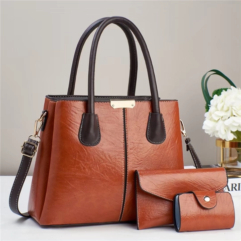 Women Handbags PU Leather Litchi Texture Large Capacity Tote Crossbody Bag With Wallet And Card Holder Retro Style