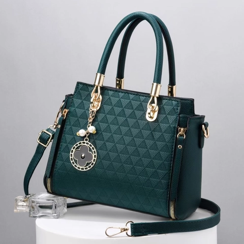 Elegante Bolso De Mano Para Mujer Cuero PU Con Relieve Geométrico De Triángulos Bandolera Con Colgante De Trébol Y Perla Artificial